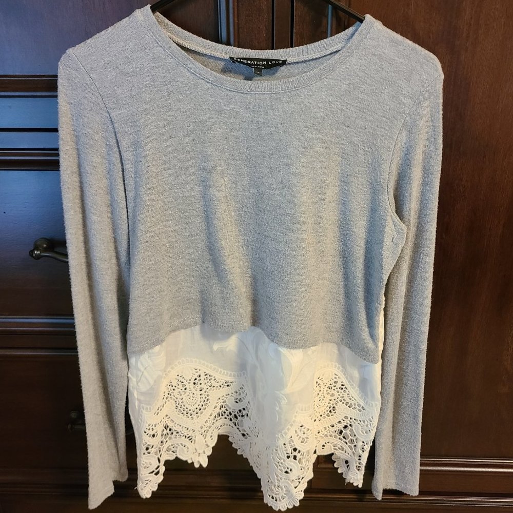 Women’s Generation Love Grey Sweater with White Lace Trim, Size XS